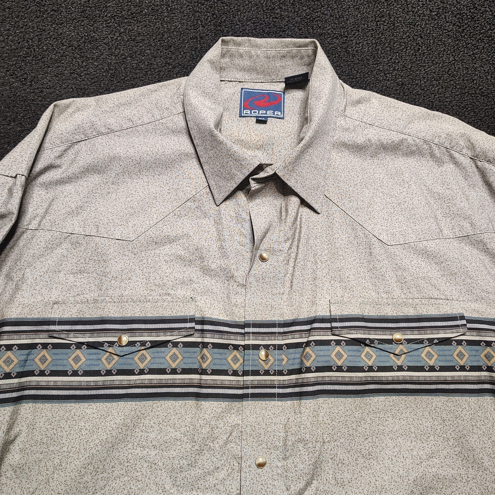 Roper Aztec Western Olive Green Rodeo Cotton Pearl Snap Button Up Shirt Men's XL